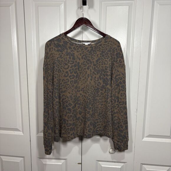 Time and Tru Womens L Brown Leopard Animal Print Long Sleeve Top Boho Casual - Picture 1 of 7